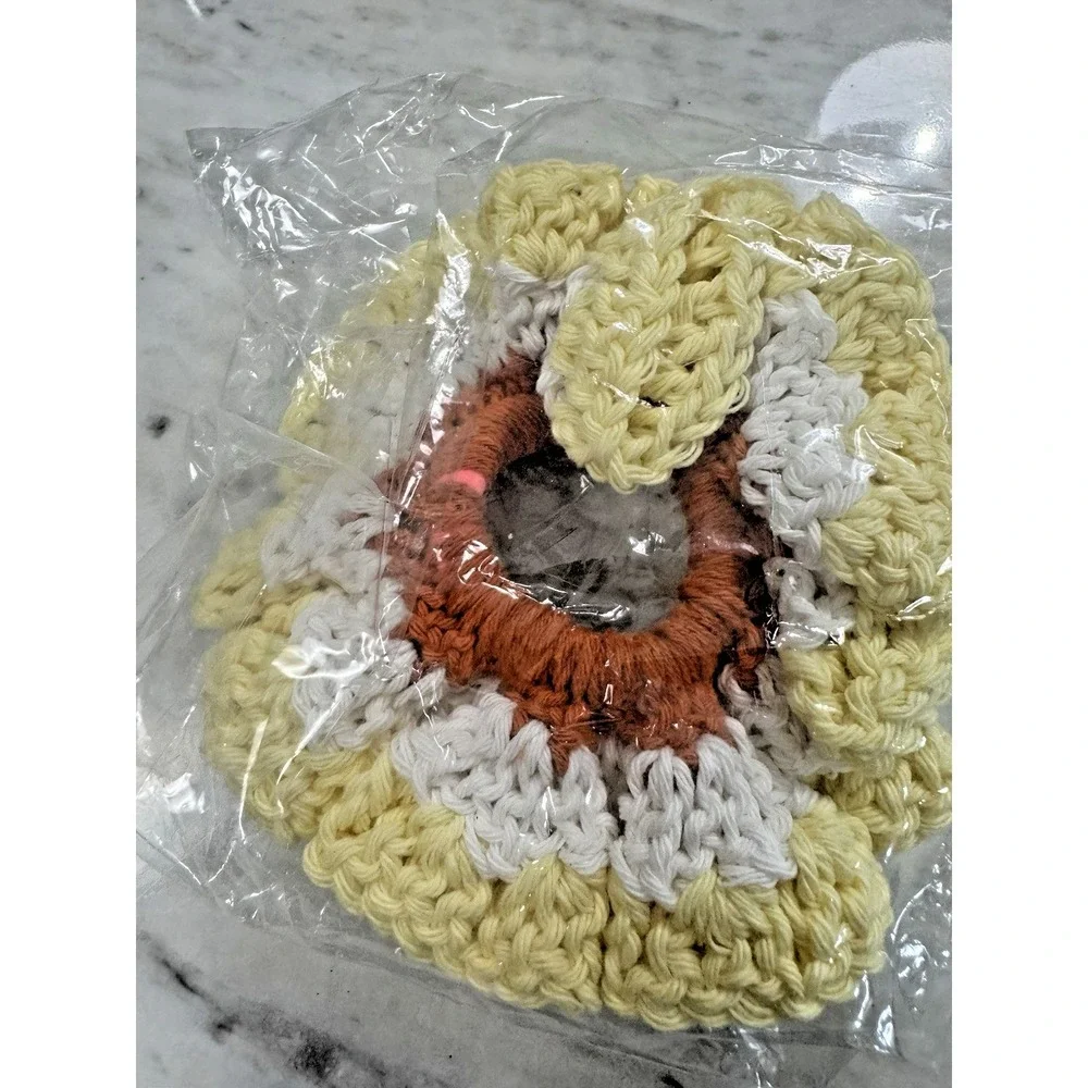 Handmade Crochet Scrunchie Boho Hair Tie Soft Cotton Elastic Yellow White Orange